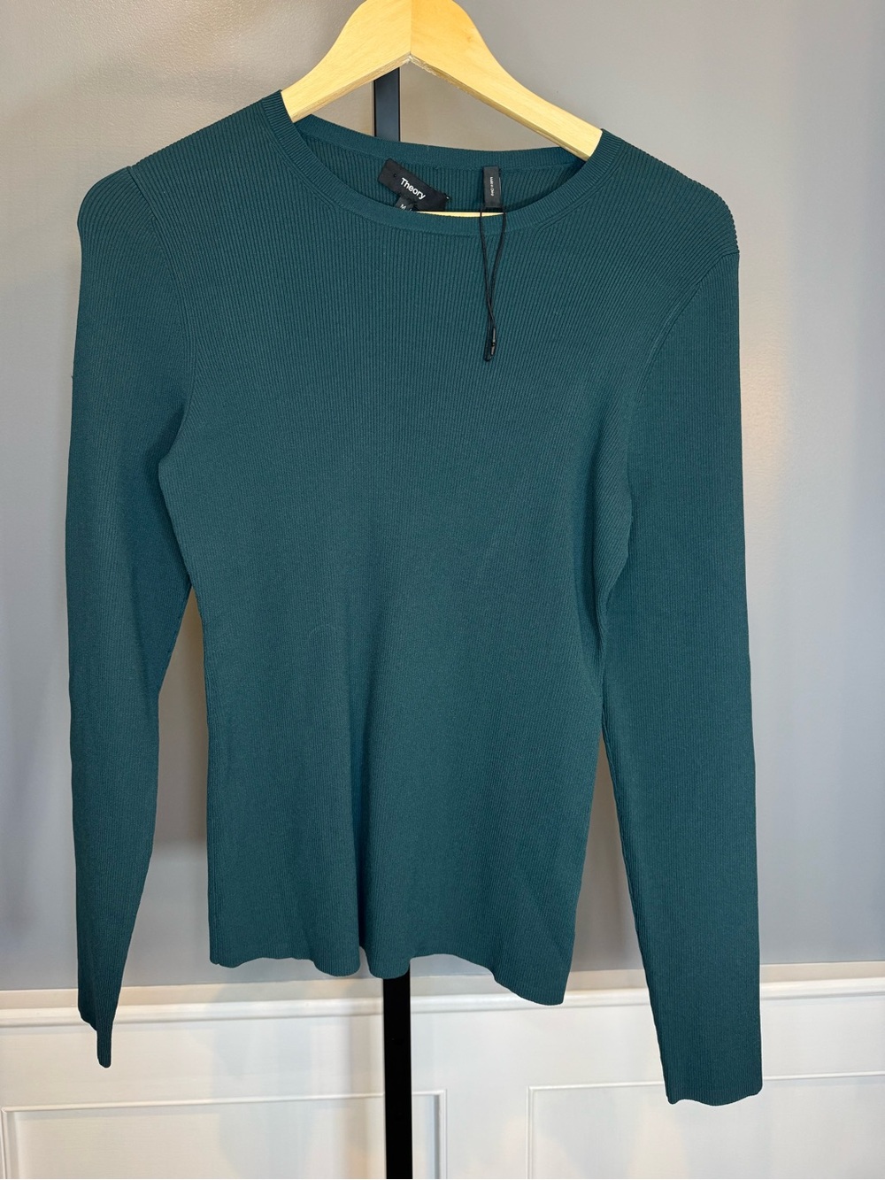 Theory Mirzi Compact Crepe Ribbed Crewneck Sweater Teal M